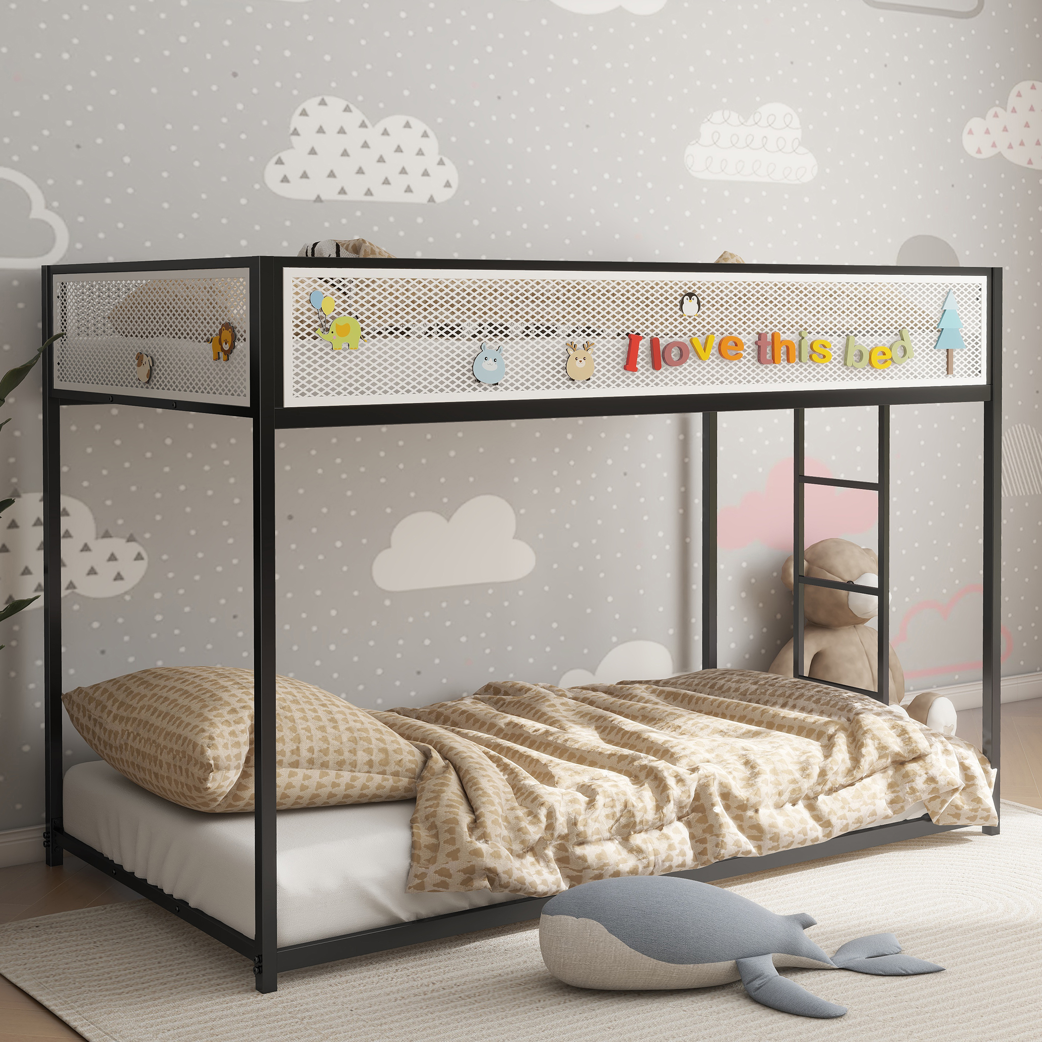 Black Twin Over Twin Bunk Bed With White Mesh Guard Rail