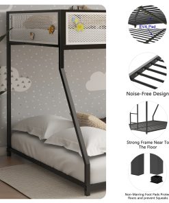 Metal Twin Over Full Bunk Bed with White Mesh Guard Rail