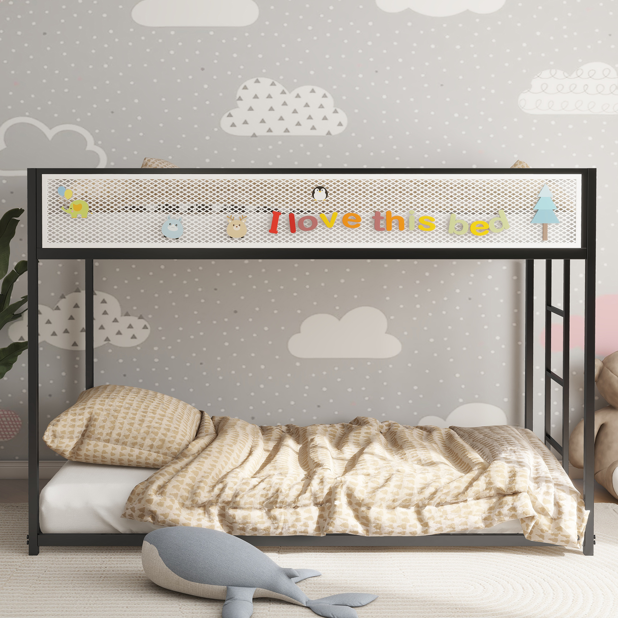 Black Twin Over Twin Bunk Bed With White Mesh Guard Rail