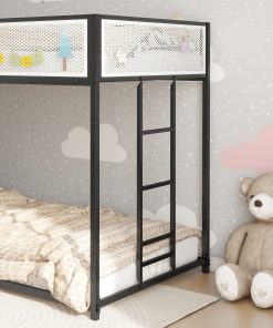 Black Twin Over Twin Bunk Bed With White Mesh Guard Rail