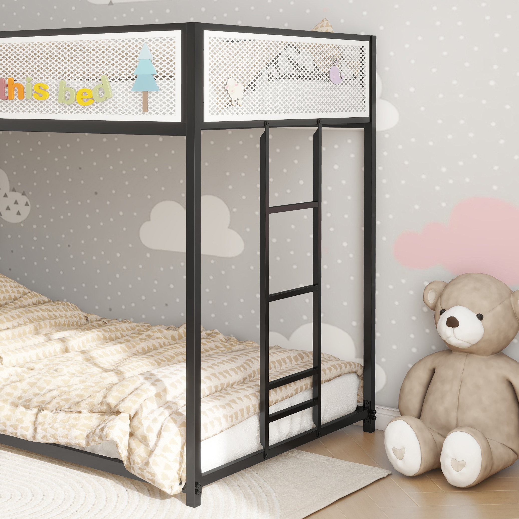 Black Twin Over Twin Bunk Bed With White Mesh Guard Rail