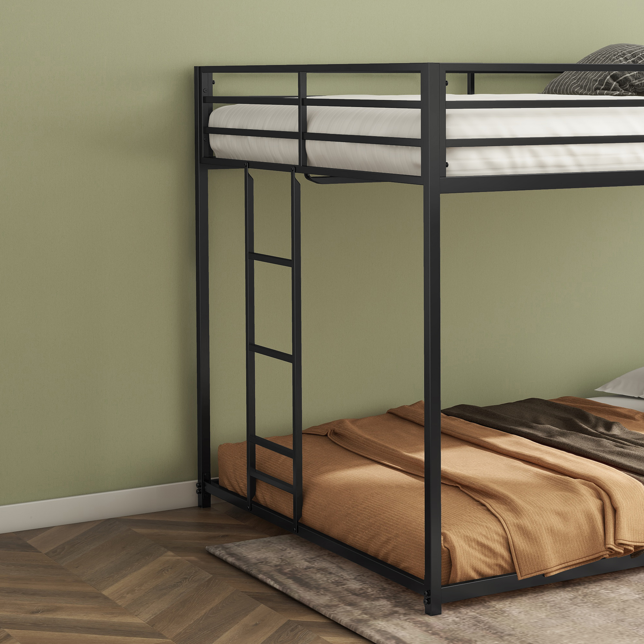 Metal Twin Over Full Bunk Bed with Ladder and Guardrails