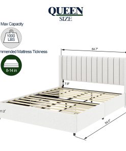 Queen Size Ivory Boucle Upholstered Platform Bed