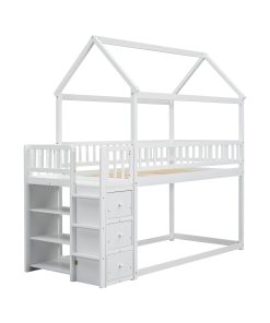Twin over Twin House Bunk Bed With Shelves and Drawers