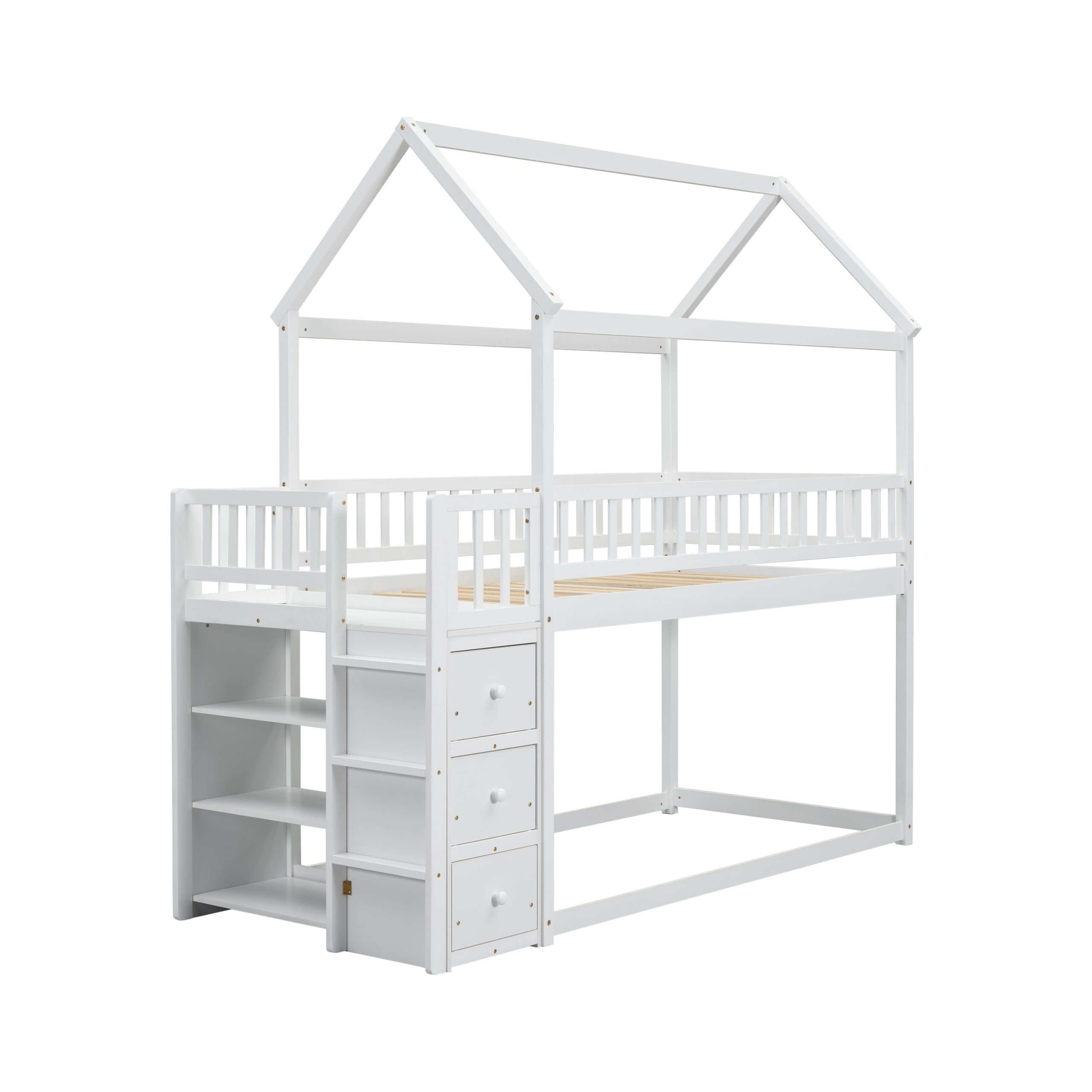 Twin over Twin House Bunk Bed With Shelves and Drawers