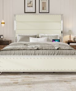 Queen Size Bed Frame with Upholstered Headboard and 4 Storage Drawers