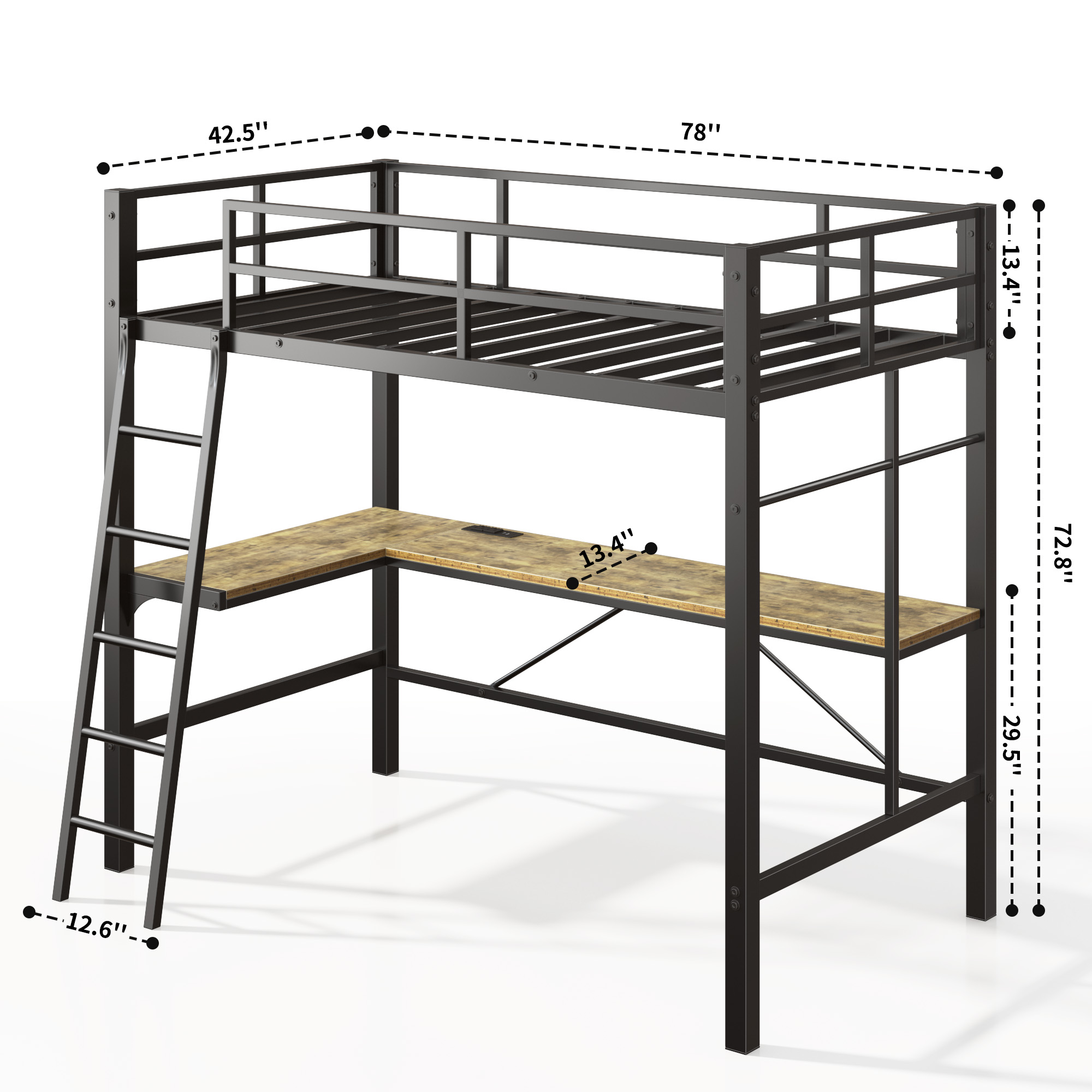 Twin Metal Loft Bed with L-Shaped Desk