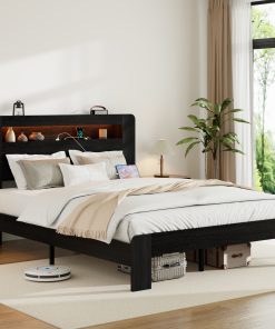 King Size Wood Platform Bed Frame With Storage LED Light Headboard