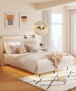 Full Floating Bed Frame with LED Light and Charging Station