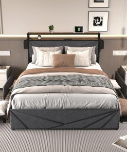 Full Bed Frame with Storage Headboard and Charging Station