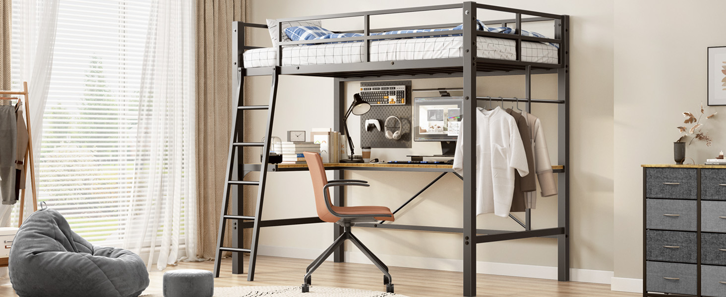 Twin Metal Loft Bed with L-Shaped Desk