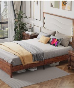 Wood Queen Size Bed Frame with Upholstered Headboard