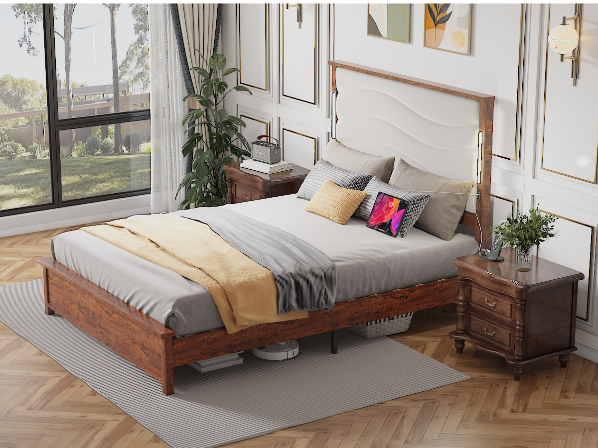 Wood Queen Size Bed Frame with Upholstered Headboard
