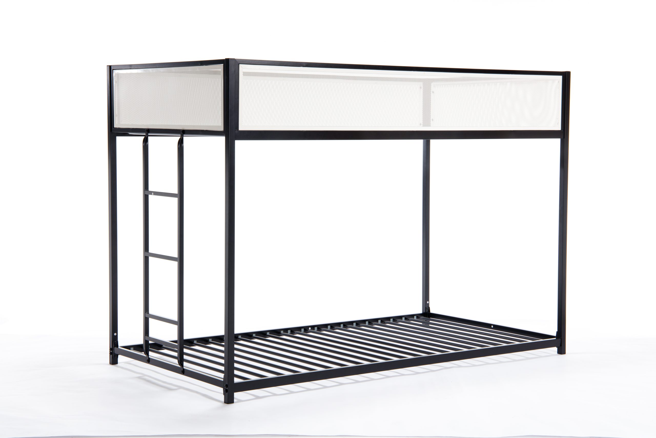Black Twin Over Twin Bunk Bed With White Mesh Guard Rail