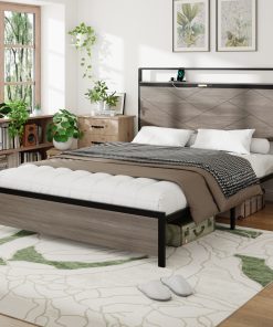 Wooden Platform Bed Frame With Storage LED Light Headboard And USB