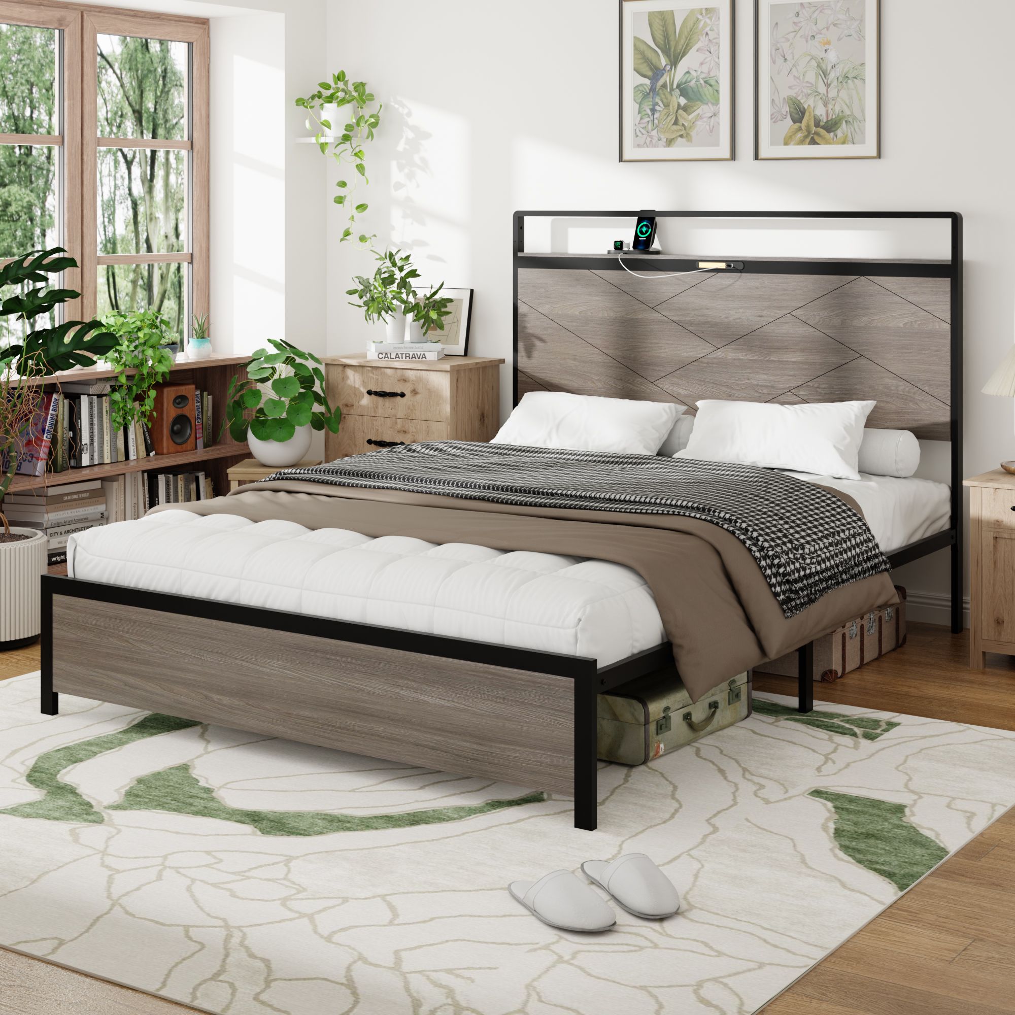 Wooden Platform Bed Frame With Storage LED Light Headboard And USB