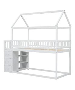 Twin over Twin House Bunk Bed With Shelves and Drawers