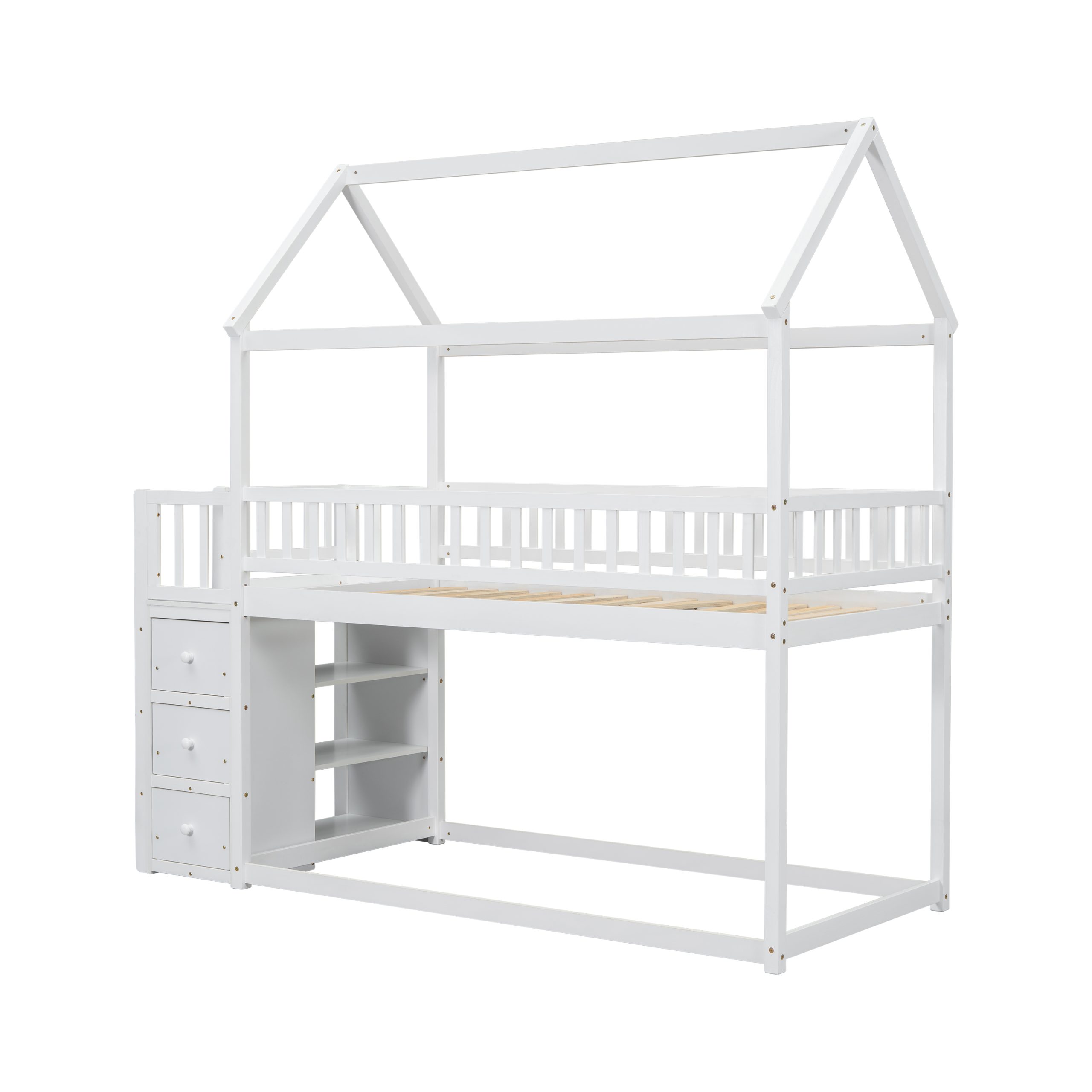 Twin over Twin House Bunk Bed With Shelves and Drawers