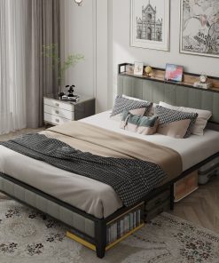 Full Size Bed Frame with Charging Station, Upholstered Headboard