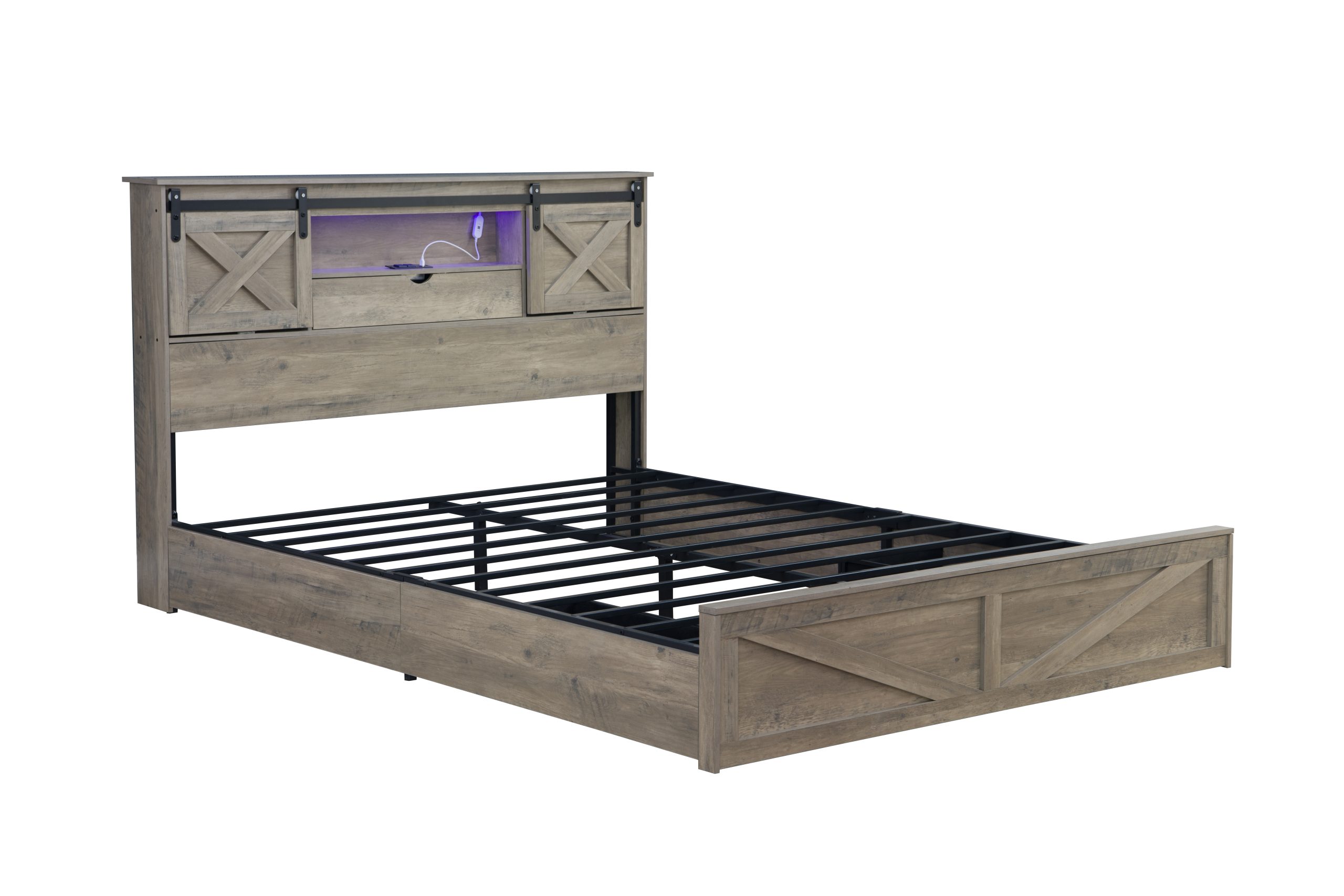 King Size Farmhouse Bed With LED Lights And Charging Station