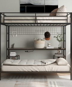 Ethan Full Over Twin Bunk Bed with Desk, Charging Station and Storage Shelves
