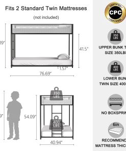 Black Twin Over Twin Bunk Bed With White Mesh Guard Rail