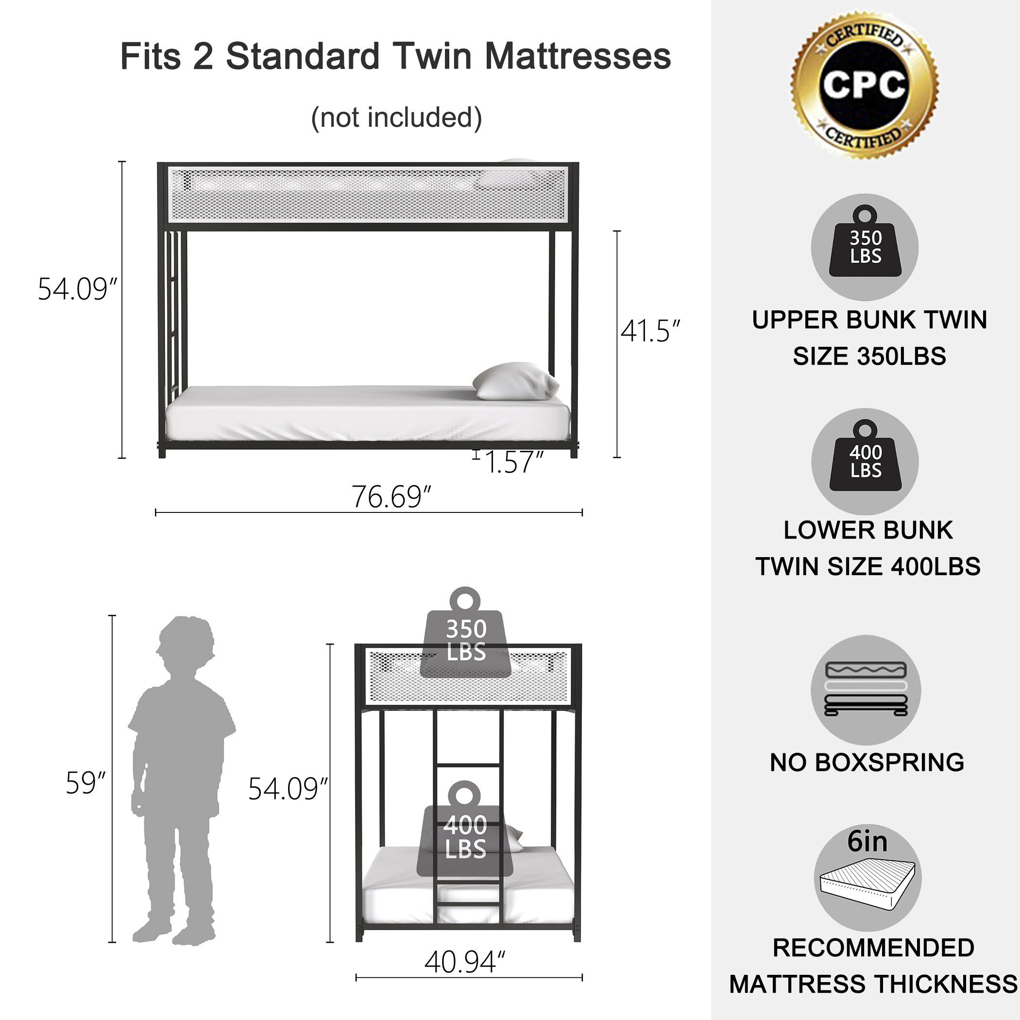 Black Twin Over Twin Bunk Bed With White Mesh Guard Rail