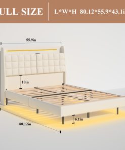 Full Floating Bed Frame with LED Light and Charging Station