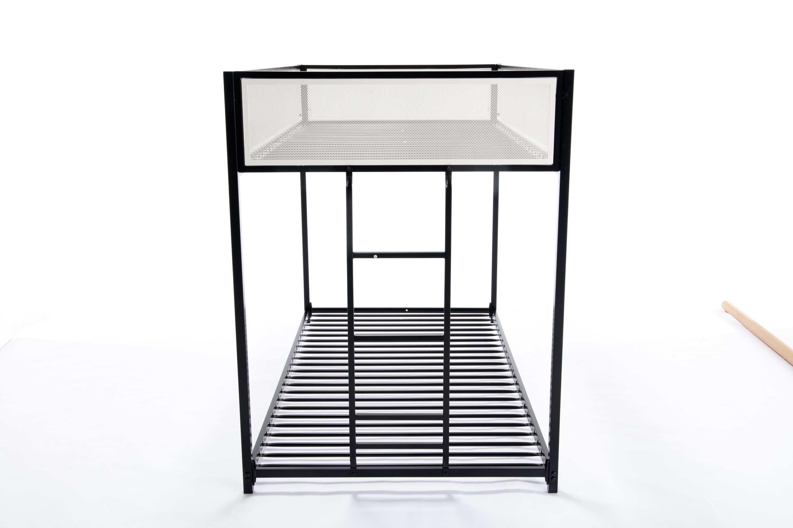 Black Twin Over Twin Bunk Bed With White Mesh Guard Rail