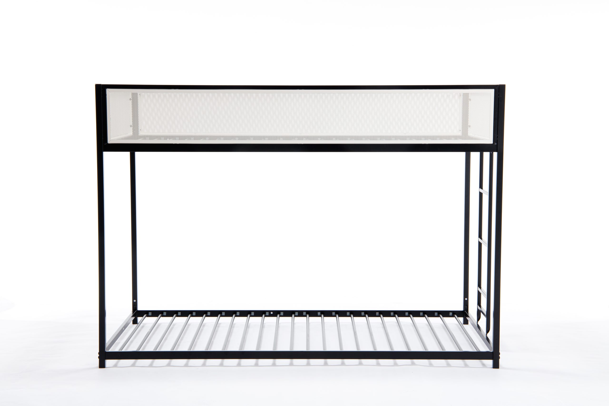 Black Twin Over Twin Bunk Bed With White Mesh Guard Rail