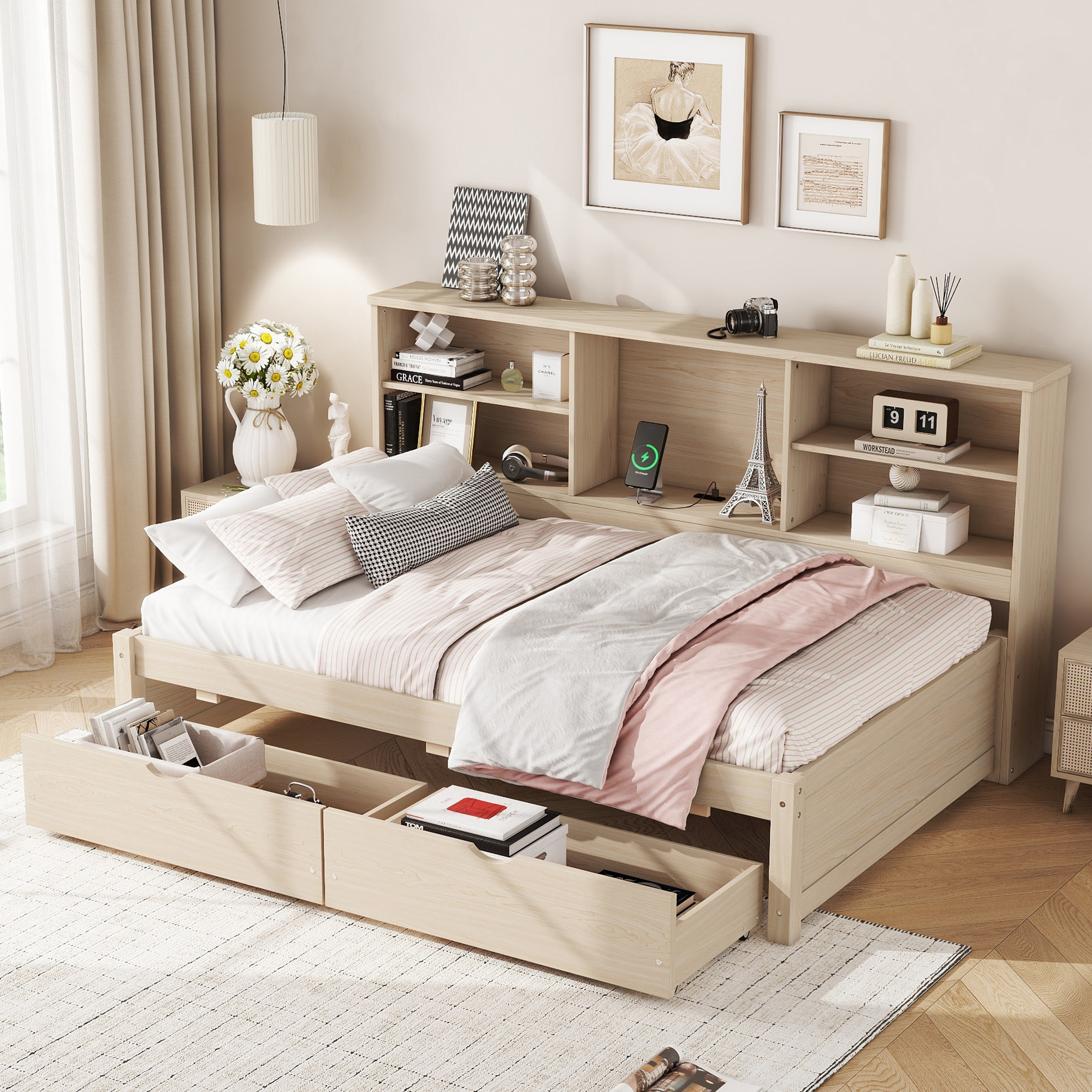 Twin Size Bed Frame With Side Bookshelves, Two Drawers, and Built-in USB Port