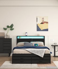 Full Size Bed Frame with 8 Storage Drawers, LED Headboard