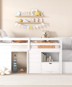 Solid Wood Twin Size Low Loft Bed With Stair, Drawer, and Shelf