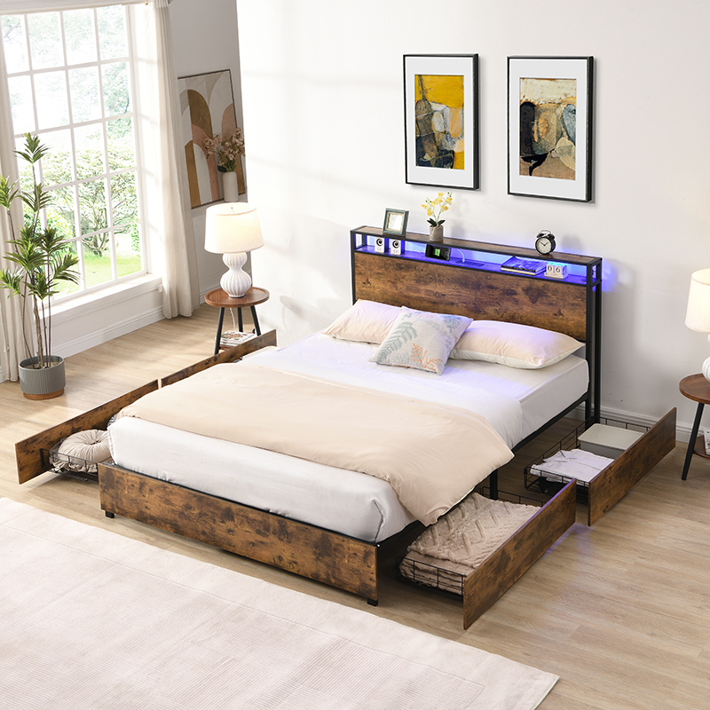 Full Size Platform Bed with Storage Headboard
