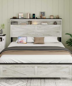 Queen Size Bed Frame Headboard With LED Lights And Charging Station