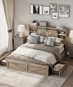 King Size Farmhouse Bed With LED Lights And Charging Station