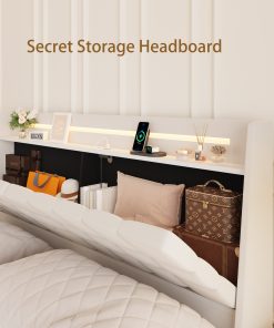 King Floating Bed Frame with LED Light and Charging Station