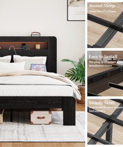 King Size Wood Platform Bed Frame With Storage LED Light Headboard