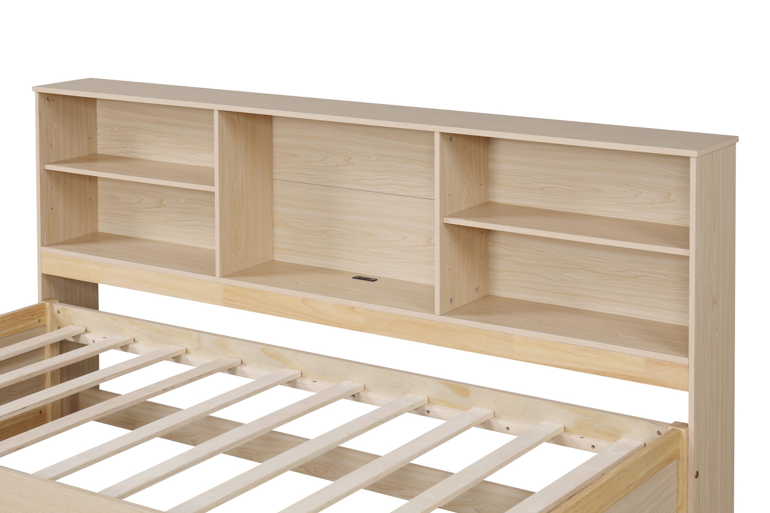 Twin Size Bed Frame With Side Bookshelves, Two Drawers, and Built-in USB Port