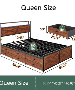 Queen Bed Frame with Storage Headboard and 12 Drawers LED Lights
