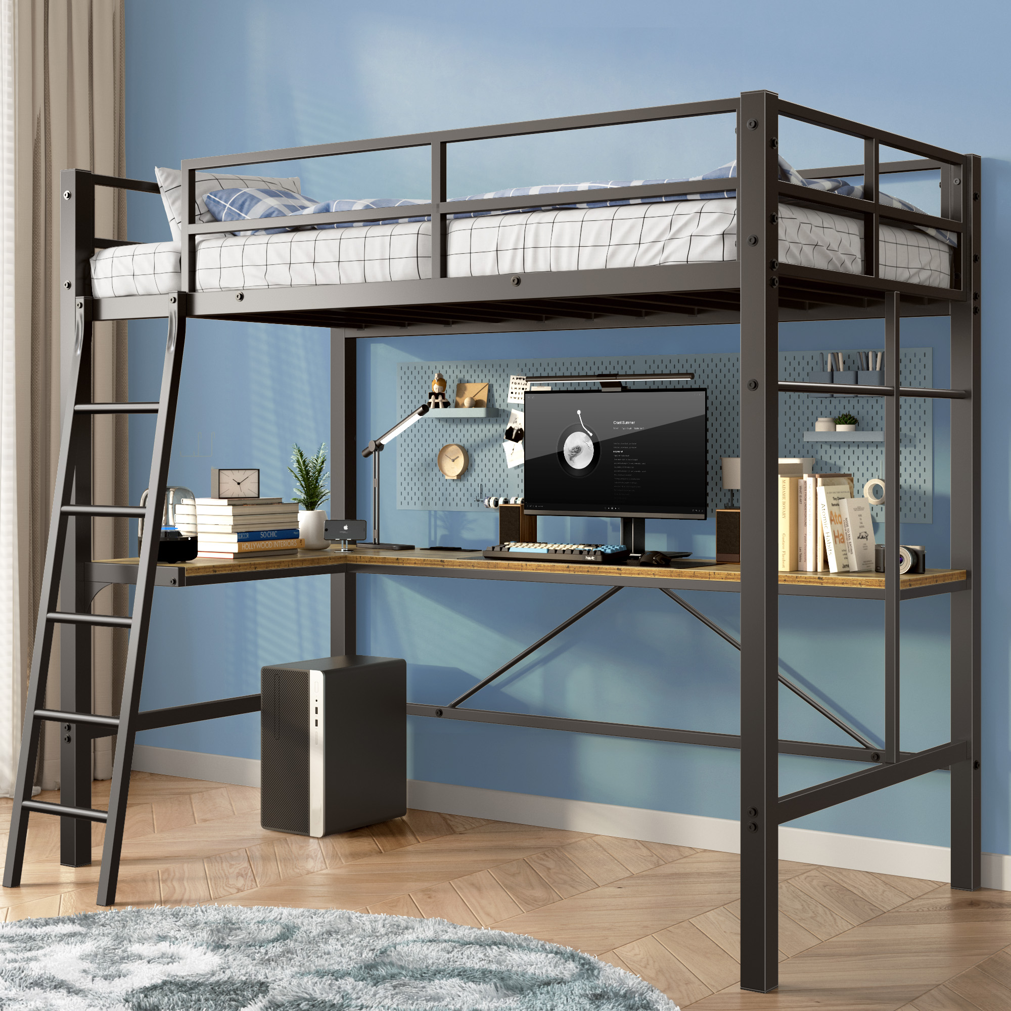 Twin Metal Loft Bed with L-Shaped Desk