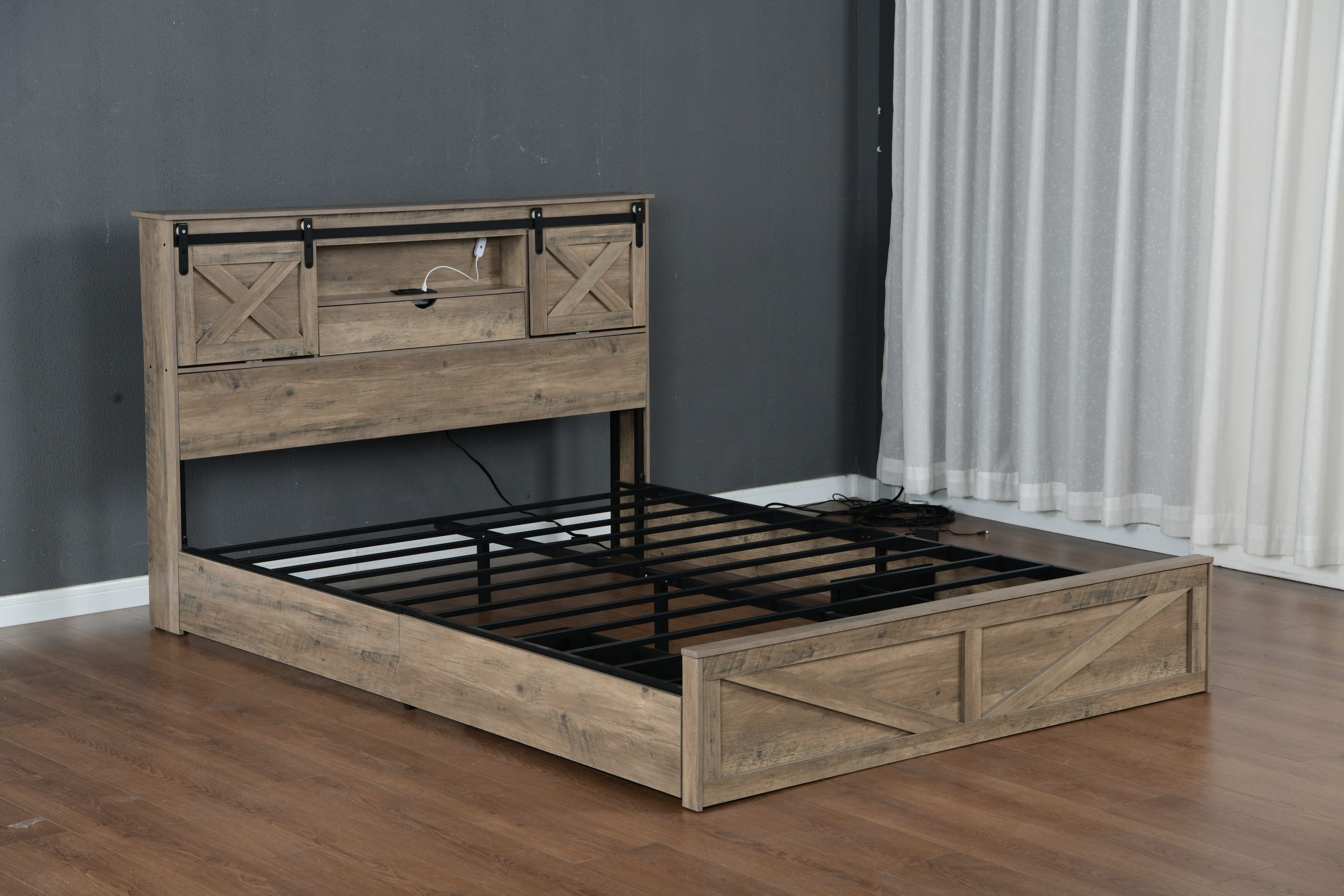 King Size Farmhouse Bed With LED Lights And Charging Station