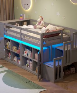 Twin Size Low Loft Bed With Shelves, Storage Headboard, and Stair