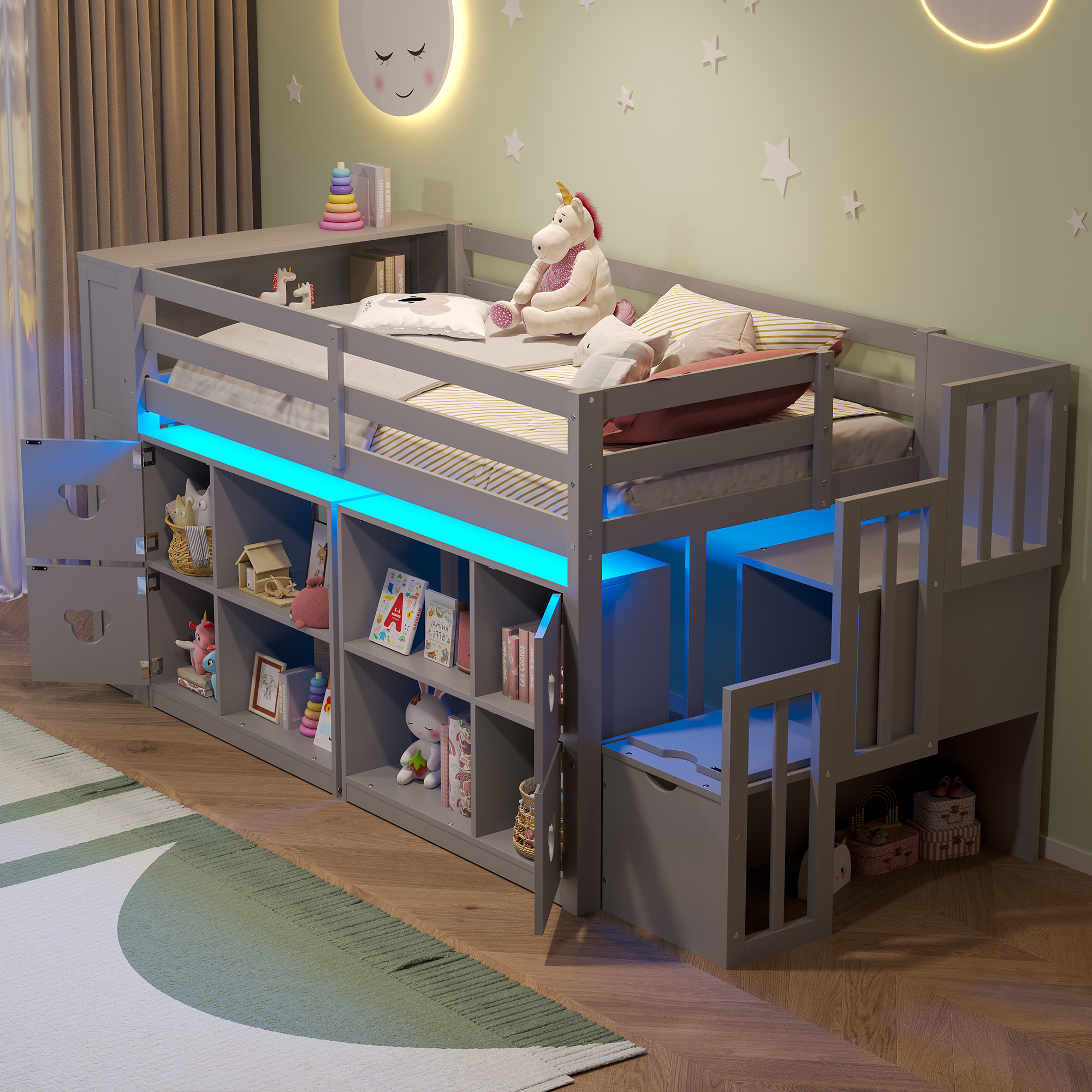 Twin Size Low Loft Bed With Shelves, Storage Headboard, and Stair