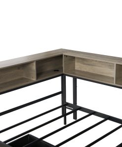 Twin Size Corner Bed Frame With Bookcase and 2 Underbed Storage Drawers