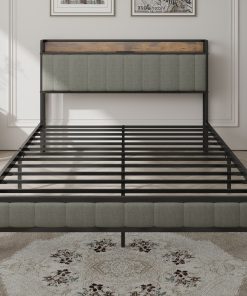Full Size Bed Frame with Charging Station, Upholstered Headboard
