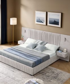 Queen Size Upholstered Bed Frame With Chenille Fabric with Pleated Design