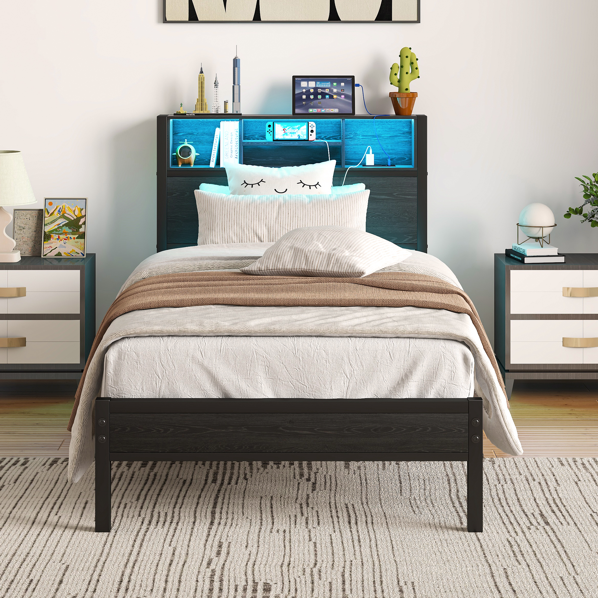 Metal Twin Size Bed Frame With Storage Headboard