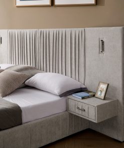 Queen Size Upholstered Bed Frame With Chenille Fabric with Pleated Design