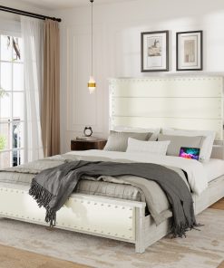 Queen Size Bed Frame with Upholstered Headboard and 4 Storage Drawers